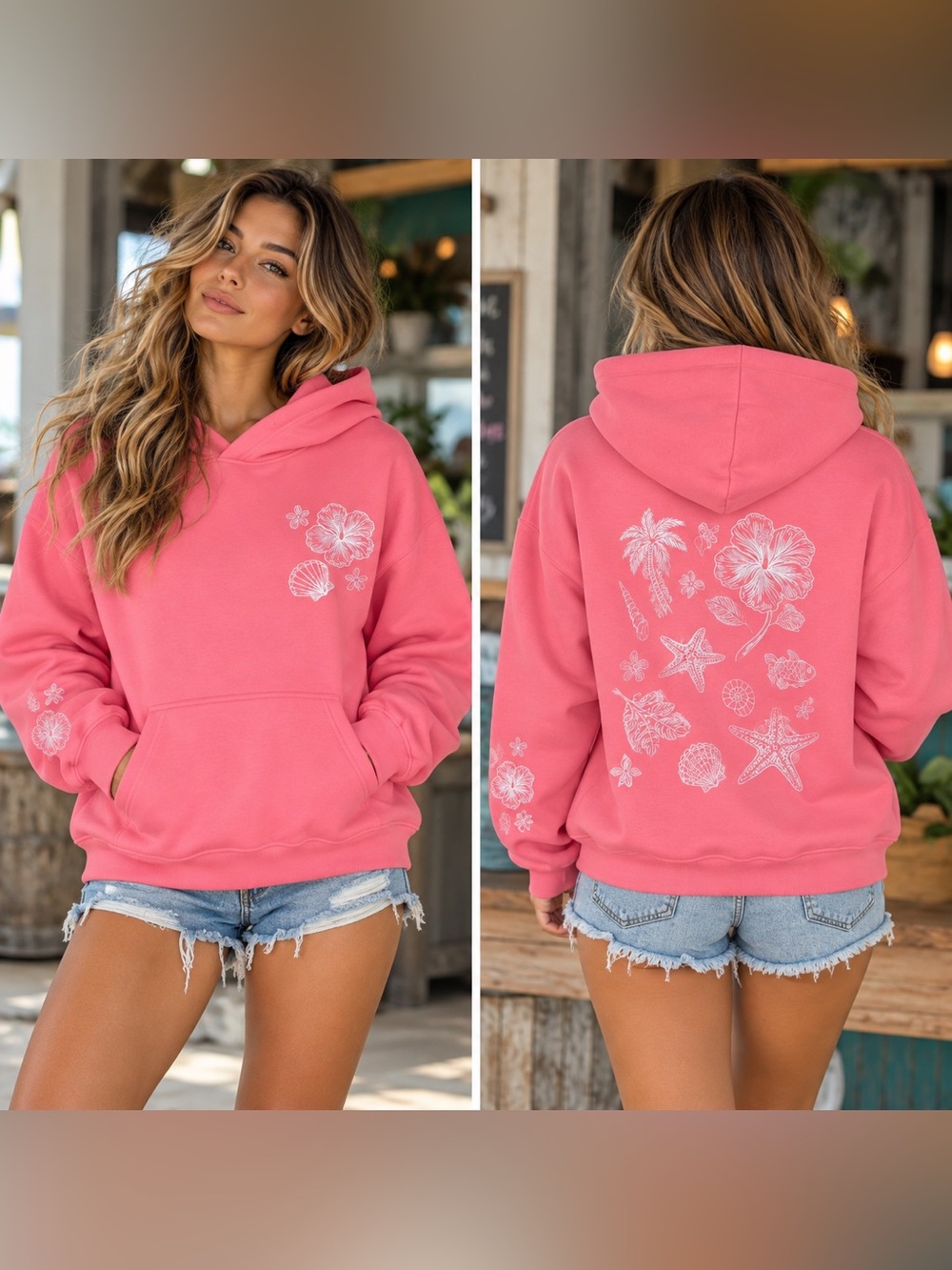 Sunkissed Coconut Tropical Embroidered Hoodie Hibiscus Pink Size S Coastal